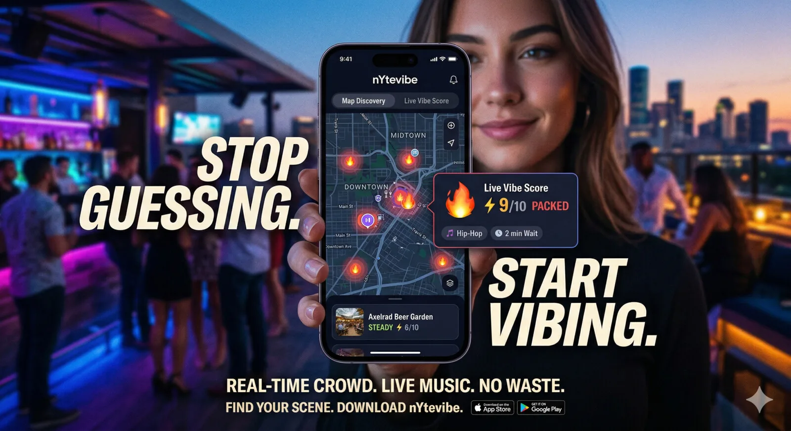 nYtevibe app showing real-time vibe scores on a live map of a rooftop bar in Midtown